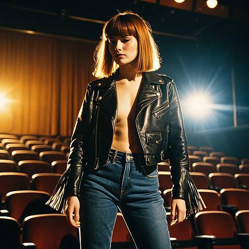 Female Dancer in Leather Jacket on Theater Stage