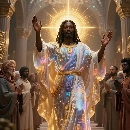Digital artwork of a radiant, dark-skinned Jesus with long black hair, wearing a glowing, multicolored robe, standing in an ornate,