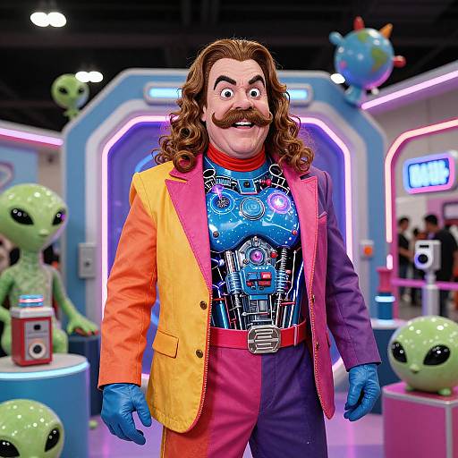 Photograph of a man with curly brown hair, mustache, wearing a colorful suit, blue gloves, and futuristic shirt, standing in a sci-fi