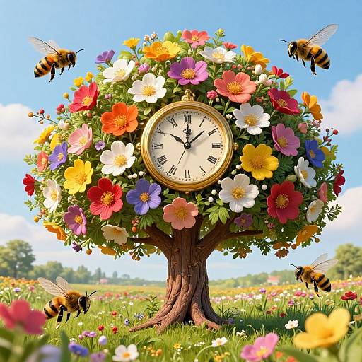 Photorealistic digital artwork: clock-shaped flower tree with vibrant flowers, surrounded by buzzing bees, set in a sunny, colorful meadow.