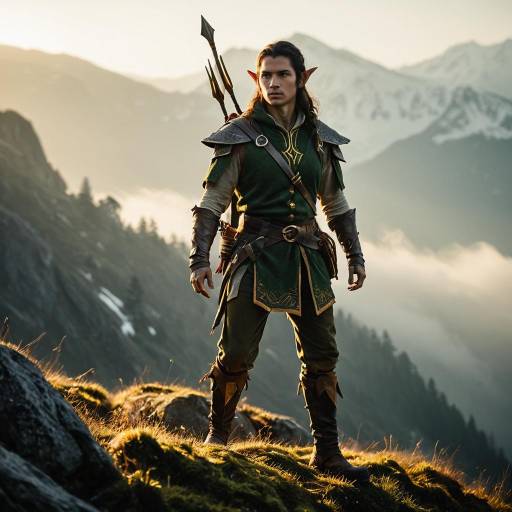 Elf Ranger in Misty Mountain at Golden Hour