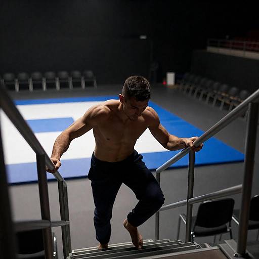 Muscular Man Climbing Stairs in Arena