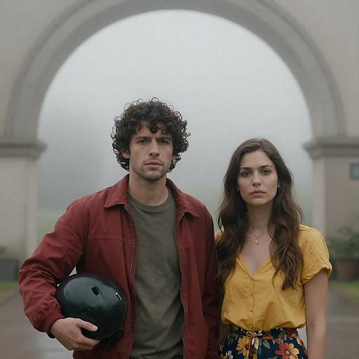 Couple in Foggy Architectural Setting