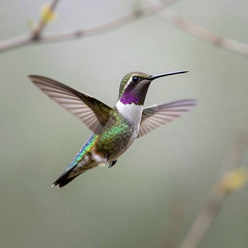 Photograph of a vibrant green, purple, and white hummingbird in mid-flight, wings spread, against a soft, blurred green background.