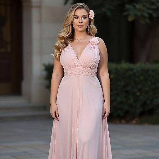 Photograph of a blonde woman with wavy hair, wearing a pink, sleeveless, V-neck gown with a flower on her shoulder, standing outdoors