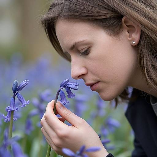 Close-up photograph of a fair-skinned woman with brown hair, gently smelling bluebell flowers in a blurred, natural outdoor setting.