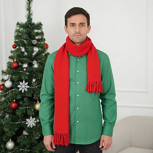 Photograph of a serious-looking man with short black hair, green shirt, and bright red scarf, standing in front of a decorated Christmas tree in a