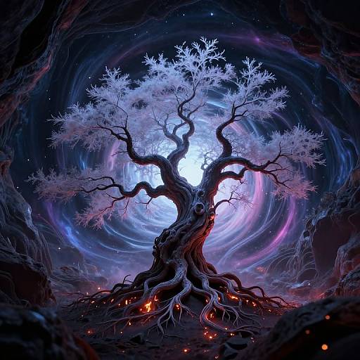 Digital art of a twisted, glowing tree with white branches, rooted in dark soil, surrounded by swirling purple and blue cosmic energies.