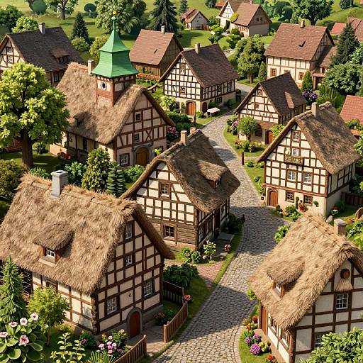 Whimsical CGI village featuring quaint, timber-framed houses with thatched roofs, winding cobblestone streets, lush greenery, and colorful flower