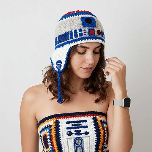 Photograph of a brunette woman with wavy hair, wearing a white knit hat with blue, red, and gray patterns, and a strapless white