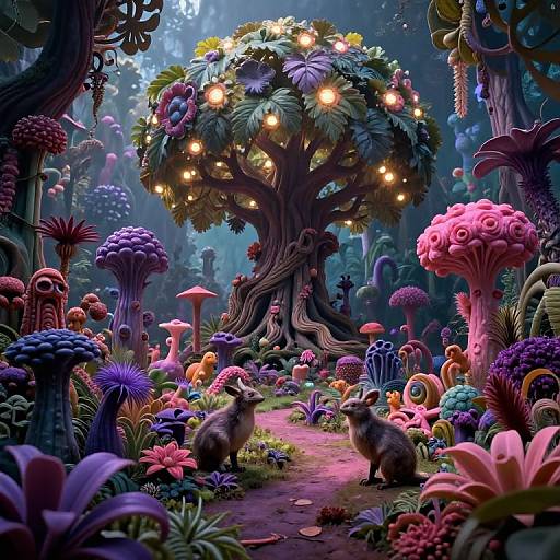 Whimsical, colorful forest scene with glowing, enchanted tree; vivid purple, pink, and blue fungi; and two small, furry, rabbit-like
