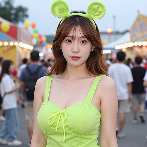 Photograph of an Asian woman with medium-length brown hair, wearing a neon green tank top and matching headband with bunny ears, standing in a busy