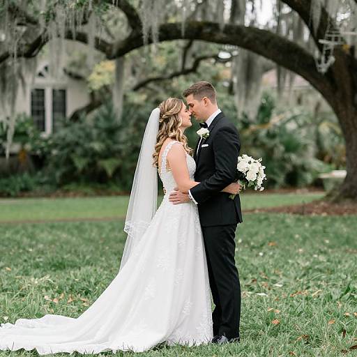 Photograph of a bride in a white lace gown and veil, holding a bouquet, kissing a groom in a black tuxedo, under a large