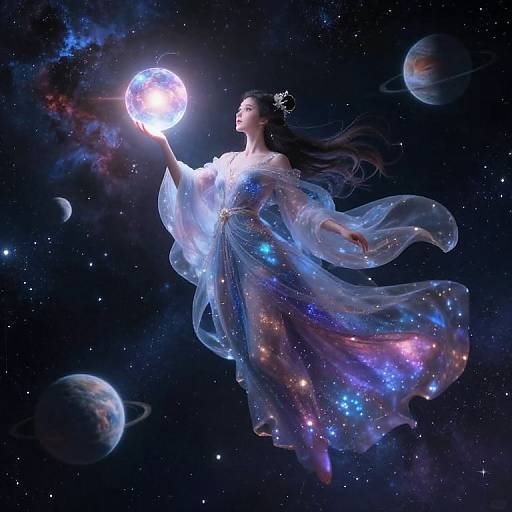 Digital artwork of a celestial woman in a glowing, ethereal gown holding a radiant, floating planet against a starry, galaxy-filled background.