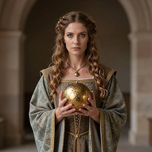 Photograph of a medieval woman with wavy brown hair, wearing a gray, gold-trimmed robe, holding a shiny gold orb, standing in