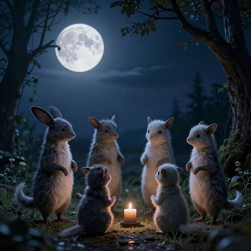 Photorealistic CGI of six fluffy, white, rabbit-like creatures standing around a lit candle under a full moon in a dark, forested night.