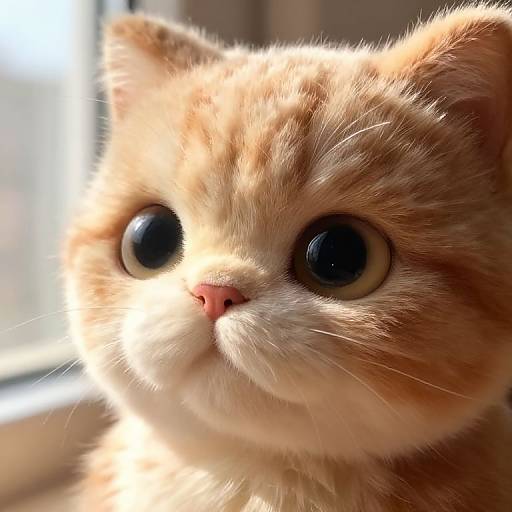 Close-up photograph of a fluffy, orange tabby kitten with large, round, dark eyes and a pink nose, bathed in sunlight.