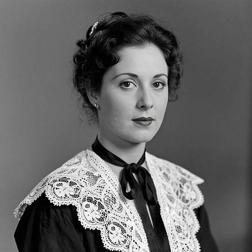 Black-and-white portrait photograph of a young woman with dark hair, wearing a lace collar and black dress, looking slightly to the right.