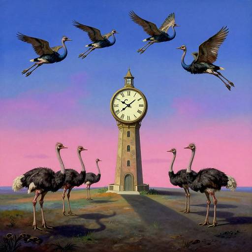 Digital artwork: Six ostriches with dark feathers stand on a grassy path leading to a tall clock tower, with five cranes flying above against
