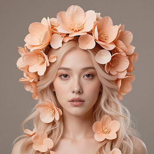 Photograph of a fair-skinned, blonde woman with wavy hair, wearing a peach-colored flower crown, against a neutral gray background.