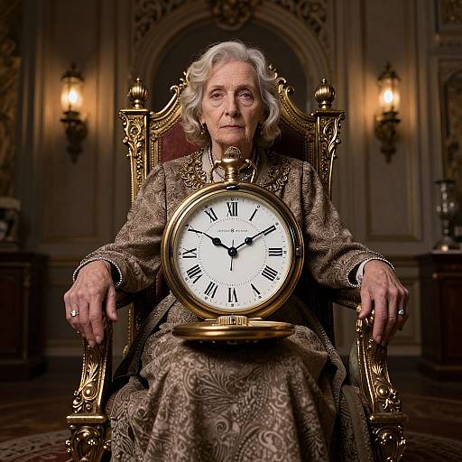 Photograph of an elderly white woman with curly gray hair, wearing a patterned dress, seated on an ornate gold chair, with a large,