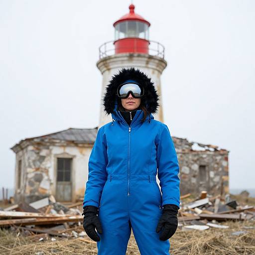 Photograph of a woman in a blue winter suit, black gloves, and fur-trimmed hood, standing in front of a red and white l