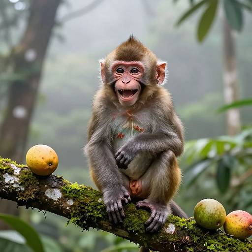 Photograph of a young, playful monkey with brown and gray fur, sitting on a mossy tree branch in a misty jungle, surrounded by yellow