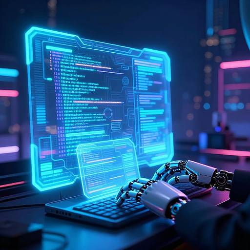 Neon-lit cyber scene: glowing blue holographic screens, robotic hands typing on keyboard, futuristic cityscape in background, vibrant neon lights.