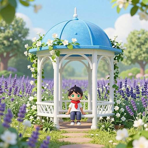 Digital art: Chibi-style boy with black hair, green eyes, red scarf, white shirt, blue pants, sits under a blue, flower-ad