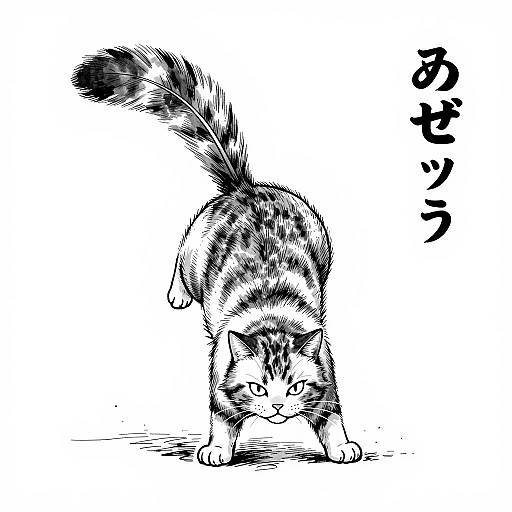 Monochrome Ink Drawing of Cat-like Creature with Feathered Tail