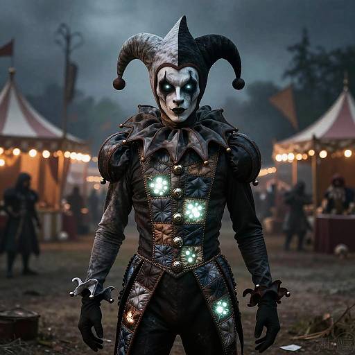 Photorealistic digital art of a jester with glowing buttons, white face paint, and black jester outfit, standing in a foggy, festival