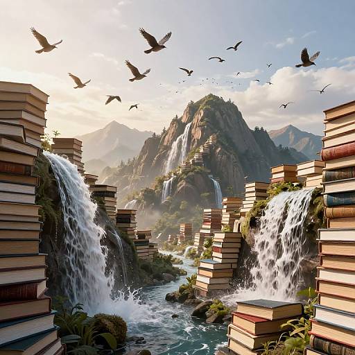 Surreal Book Mountains with Soaring Birds