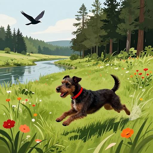 Digital illustration of a black and brown dog with a red collar, running joyfully through a vibrant, flower-filled meadow beside a serene river, with