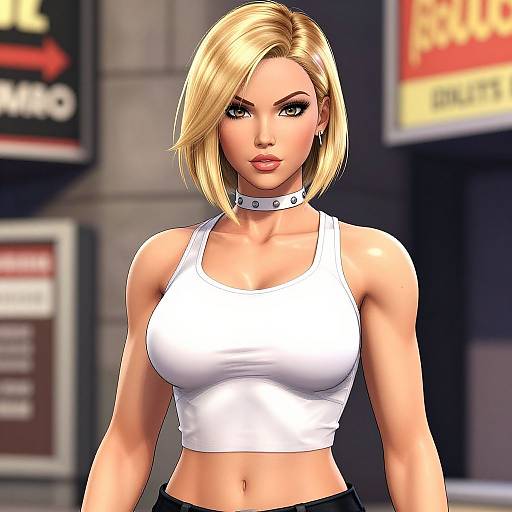 Digital artwork of a blonde woman with a short bob, wearing a white crop top, black choker, and black pants, standing in an urban street
