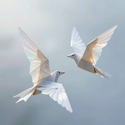 Photograph of two white paper doves with outstretched wings flying against a soft, blurred blue and white sky background.