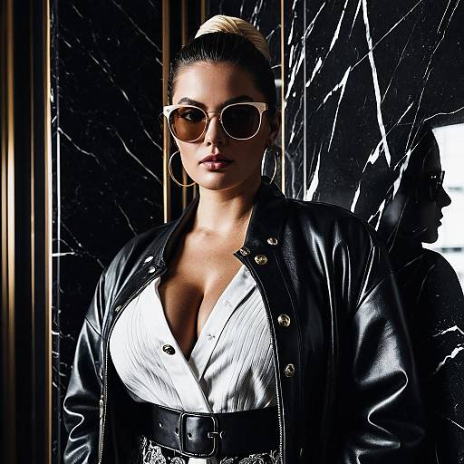 Stylish Woman in Leather Jacket and Sunglasses