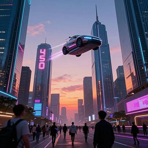 Futuristic Cityscape with Flying Car at Dusk