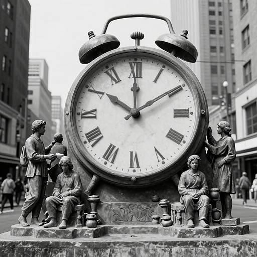 Black-and-white photograph of a large, vintage-style clock statue with four classical figures, surrounded by urban buildings, in a bustling city street.