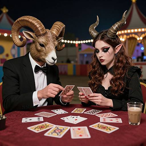 Photorealistic CGI: A goat-headed man in a tux, and a dark-haired, horned elf woman, play poker at a circus-themed
