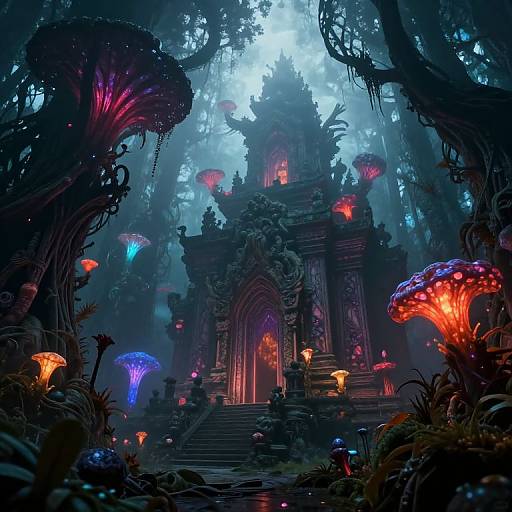Fantasy digital artwork of a glowing, luminescent, mystical forest temple with vibrant, bioluminescent mushrooms, intricate archways, and eth