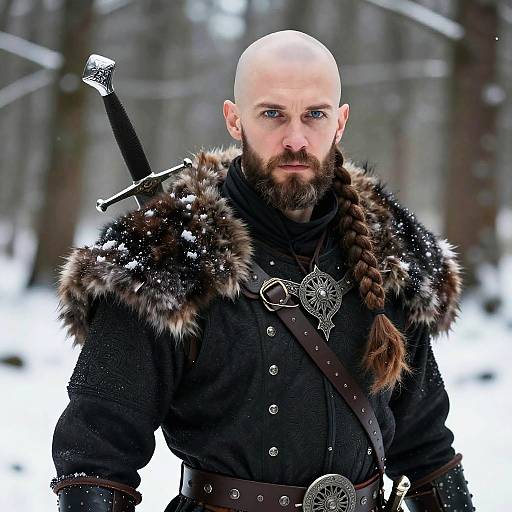 Photograph of a bald, bearded Viking warrior with a braided beard, wearing a fur-trimmed black coat, sword on shoulder, standing