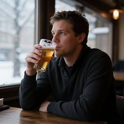 Photograph of a young man with short, brown hair, wearing a dark gray hoodie, sipping a beer with a frothy head, seated at
