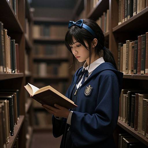 Photograph of an Asian girl with black hair in a blue hooded school uniform, reading a book in a dimly lit library aisle. Blue bow