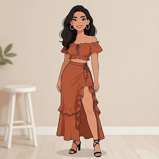 Digital illustration of a smiling woman with long black hair, wearing an off-shoulder, ruffle, brown crop top and matching high-waist