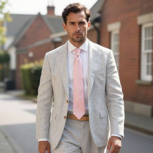 Photograph of a handsome, bearded man with dark hair, wearing a light gray suit, white shirt, and pink tie, standing on a suburban