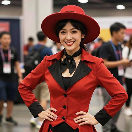 Photograph of a smiling Asian woman in a vibrant red hat and matching red jacket with black accents, posing confidently indoors at a convention. Blurred attendees