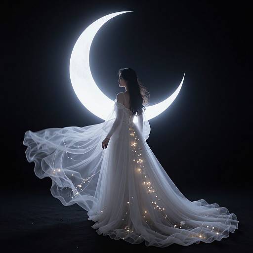 Photograph of a silhouetted woman in a flowing, luminous white gown with glowing stars, standing against a bright, crescent moon backdrop