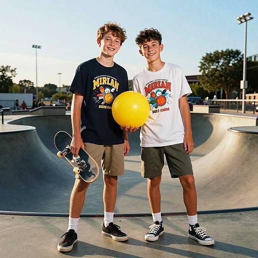 Photograph of two smiling teenage boys at a skate park, one holding a yellow balloon, wearing black and white T-shirts, shorts, and sneakers.