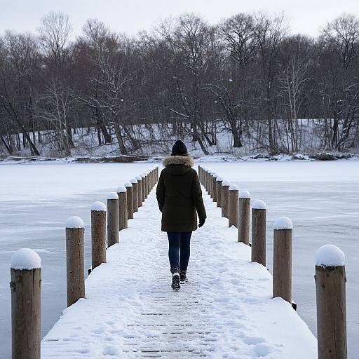 Photograph of a person in a black coat and hat walking alone on a snow-covered wooden pier, leading to a frozen lake with leafless trees in