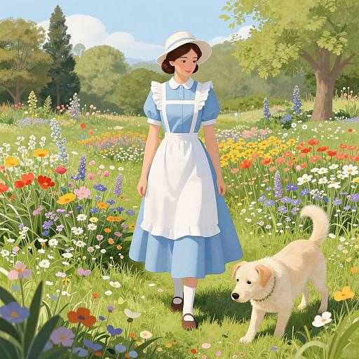Digital illustration of a young woman in a blue and white maid dress, white hat, and brown shoes, walking a golden retriever through a vibrant,